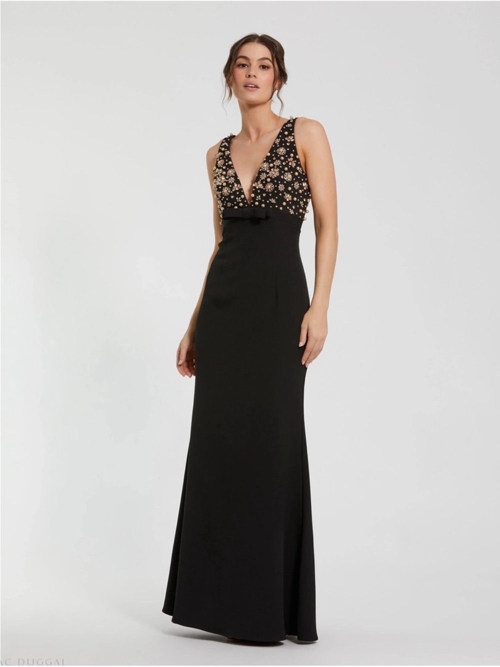 Mac Duggal 2278 Black Crepe Sleeveless Beaded V Neck Gown Bow 6